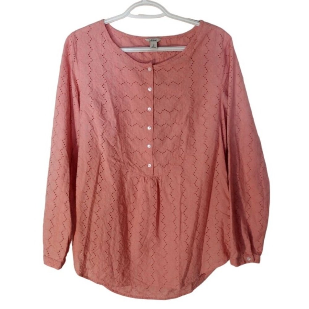 LLBean Women's Medium Blouse Popover Half Button Up Eyelet Coral Long Sleeve Cot